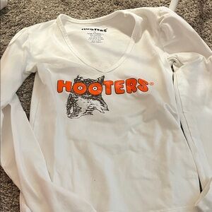 Hooters White Long-Sleeve V-Neck Tee with Orange Logo